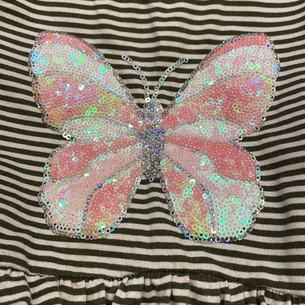 BTWEEN girl TODDLERS dress striped with SEQUINS pink butterfly 4T poly spandex.